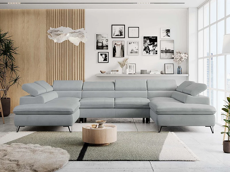 Ecksofa PETER U - schlaffunktion und Bettkästen, verstellbare Kopfstützen - Hellgrau Velvet