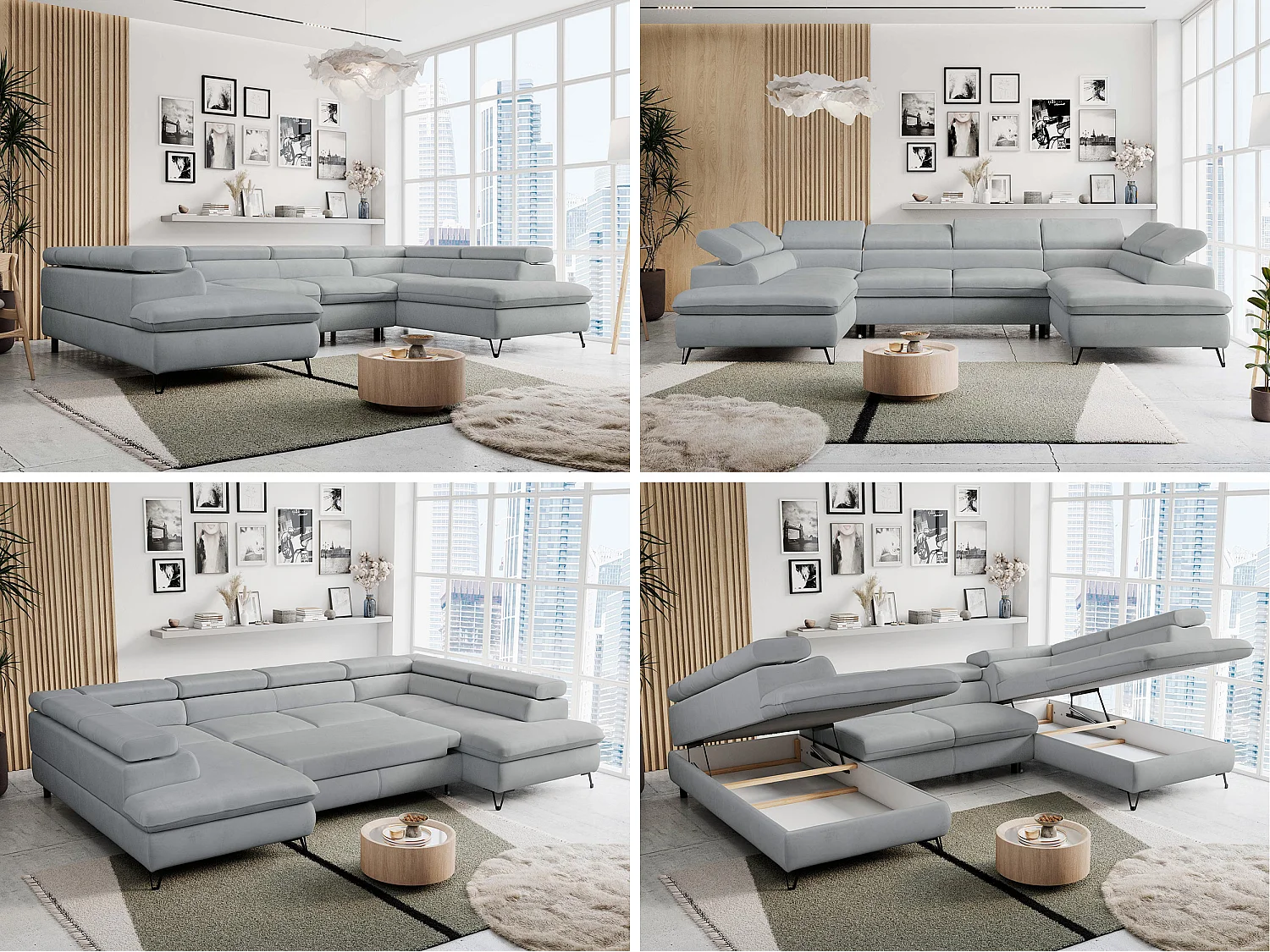 Ecksofa PETER U - schlaffunktion und Bettkästen, verstellbare Kopfstützen - Hellgrau Velvet