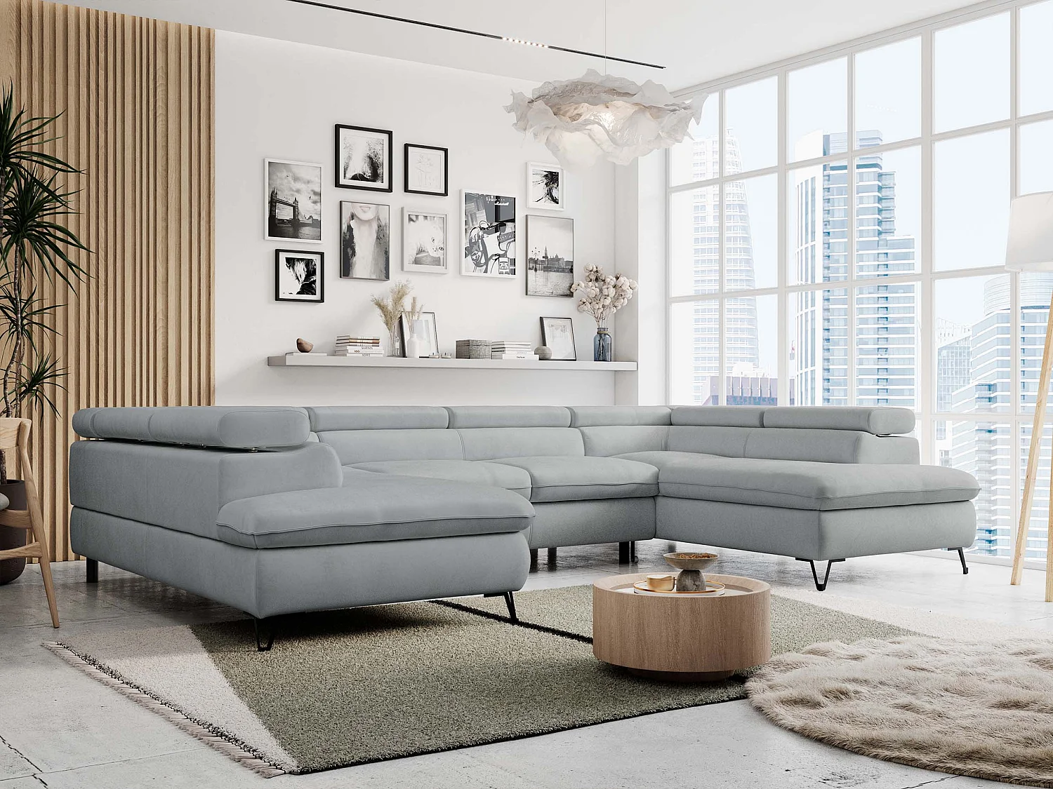 Ecksofa PETER U - schlaffunktion und Bettkästen, verstellbare Kopfstützen - Hellgrau Velvet
