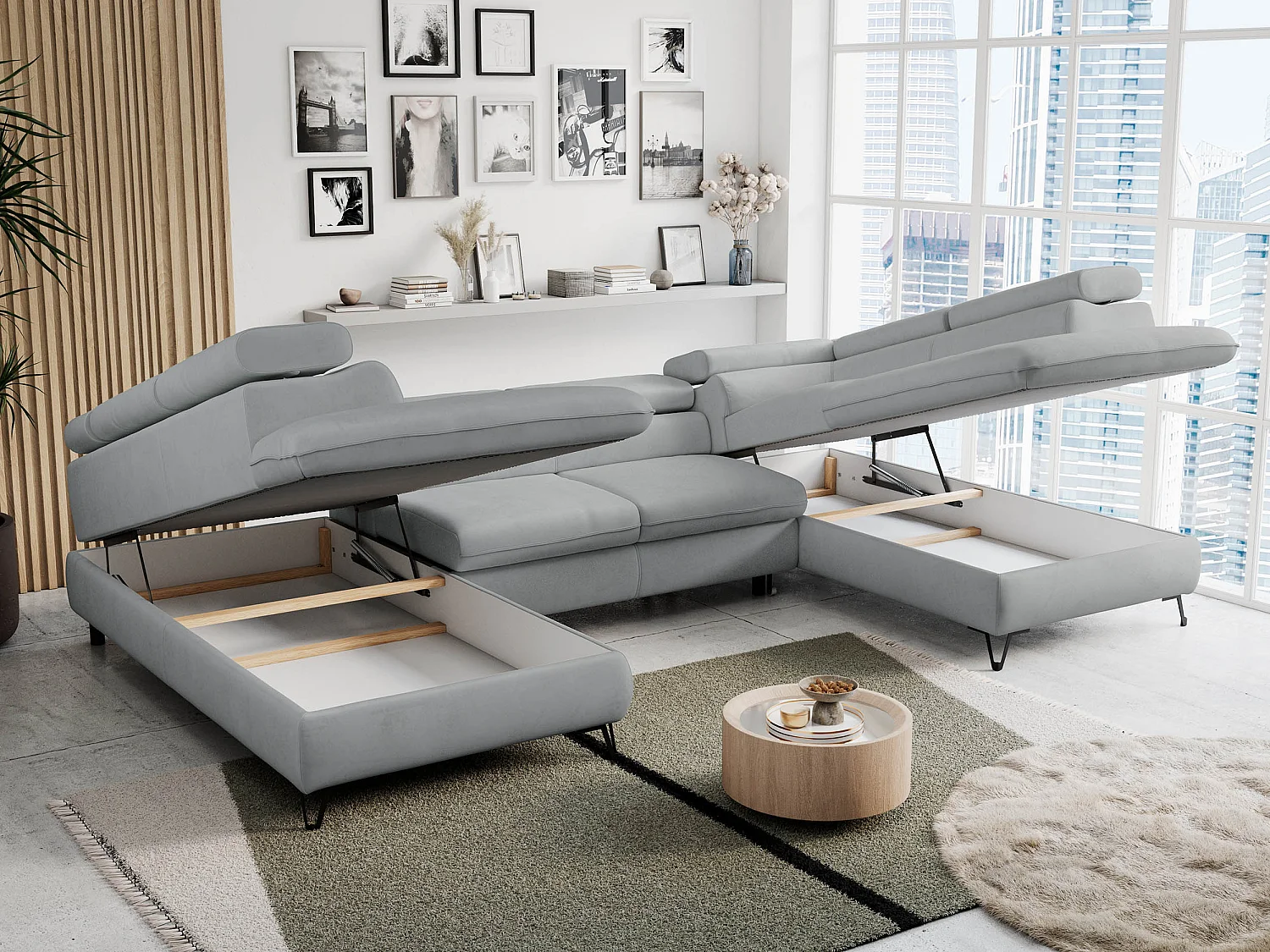 Ecksofa PETER U - schlaffunktion und Bettkästen, verstellbare Kopfstützen - Hellgrau Velvet