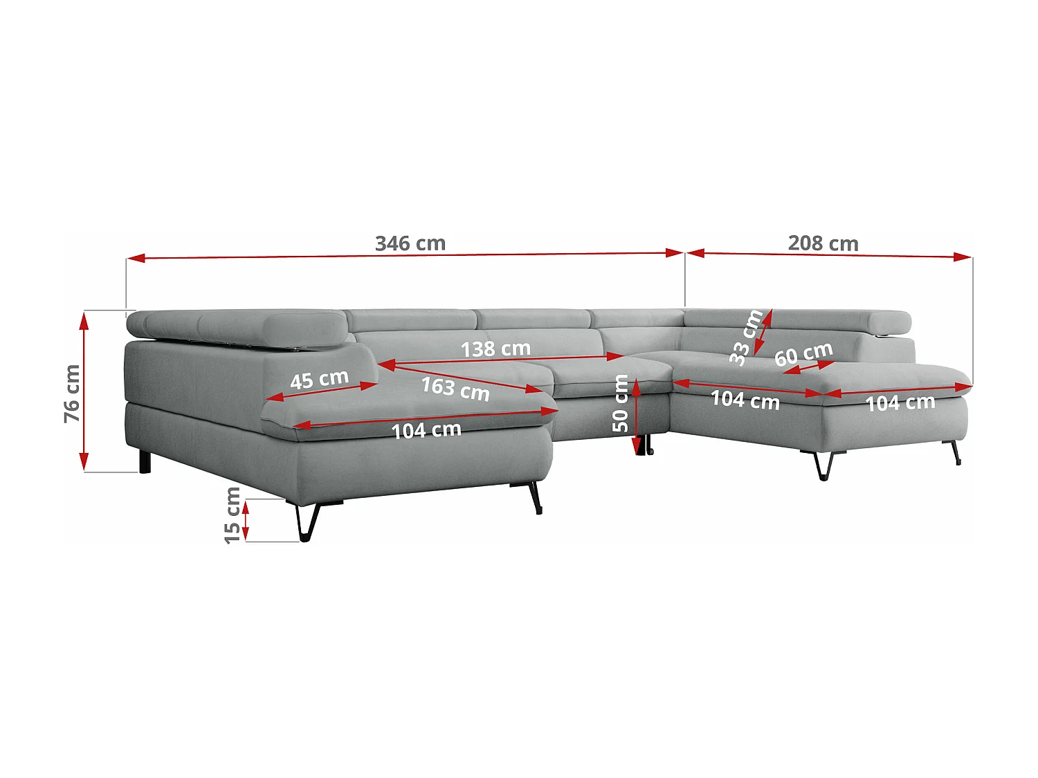 Ecksofa PETER U - schlaffunktion und Bettkästen, verstellbare Kopfstützen - Hellgrau Velvet