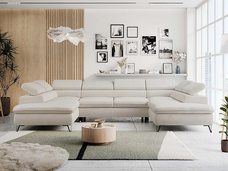 Ecksofa PETER U - schlaffunktion und Bettkästen, verstellbare Kopfstützen - Creme Velvet