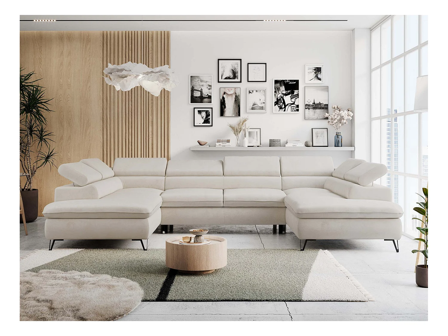 Ecksofa PETER U - schlaffunktion und Bettkästen, verstellbare Kopfstützen - Creme Velvet