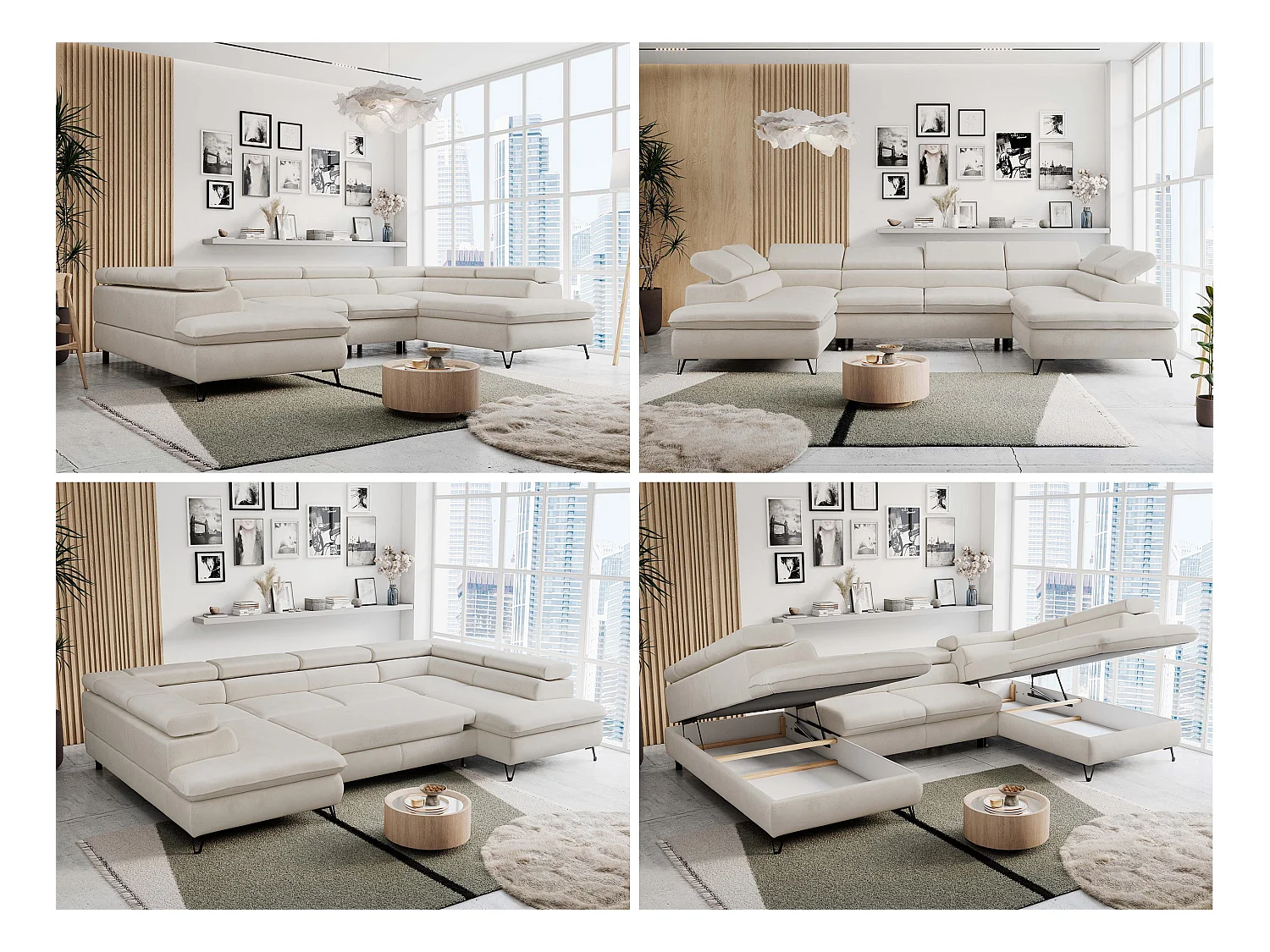 Ecksofa PETER U - schlaffunktion und Bettkästen, verstellbare Kopfstützen - Creme Velvet