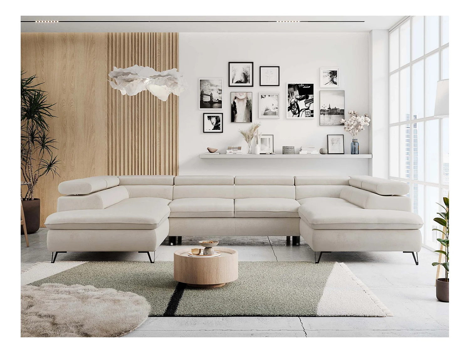 Ecksofa PETER U - schlaffunktion und Bettkästen, verstellbare Kopfstützen - Creme Velvet