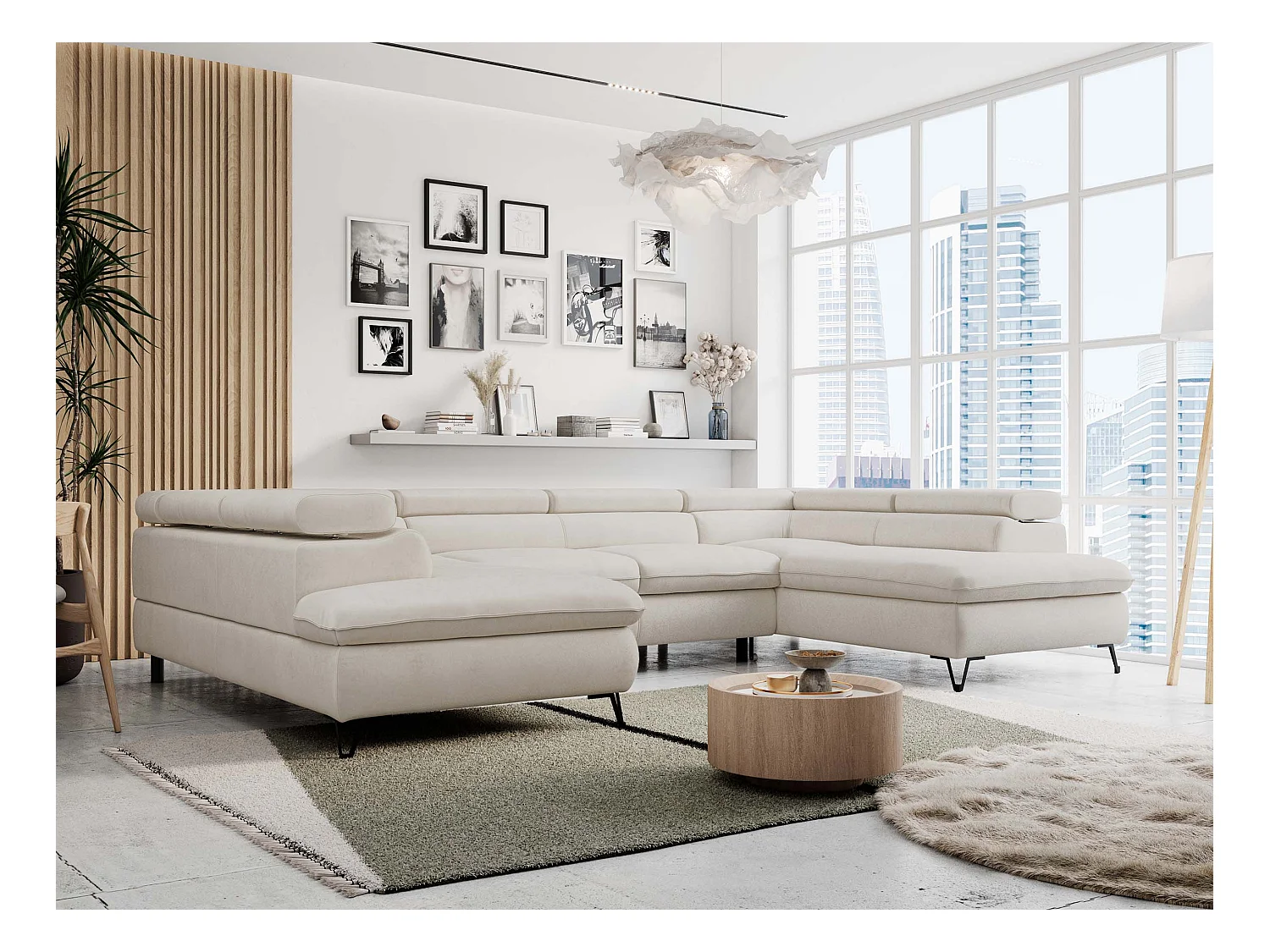 Ecksofa PETER U - schlaffunktion und Bettkästen, verstellbare Kopfstützen - Creme Velvet