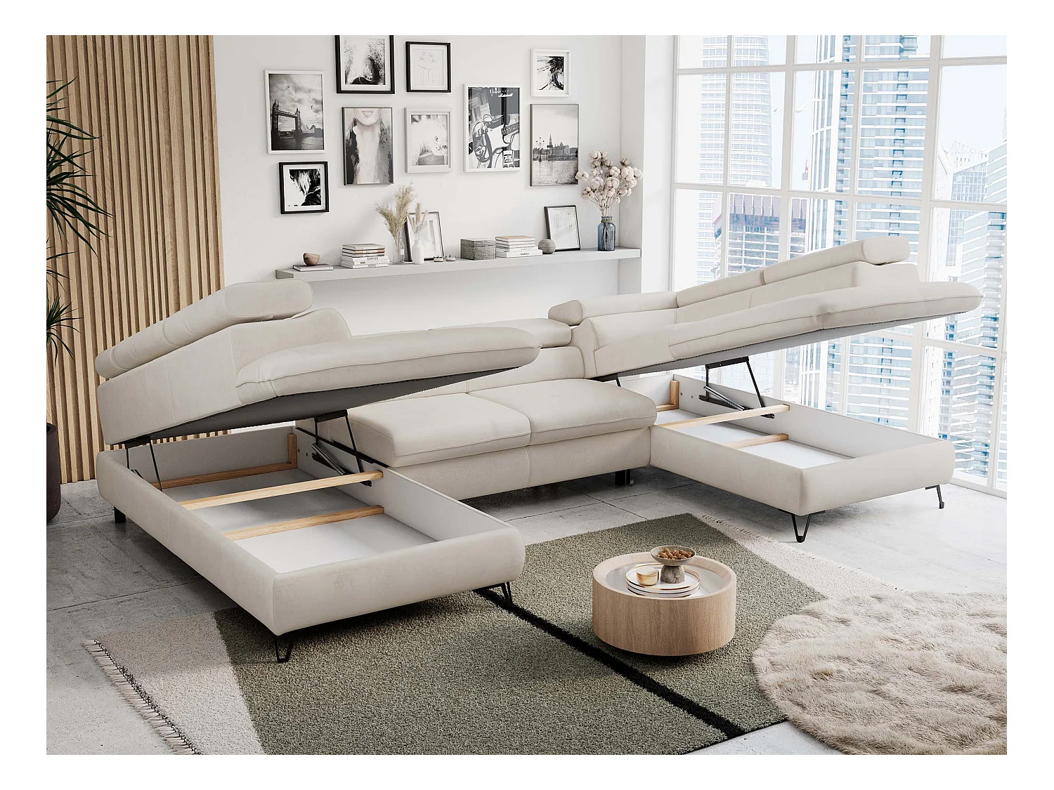 Ecksofa PETER U - schlaffunktion und Bettkästen, verstellbare Kopfstützen - Creme Velvet