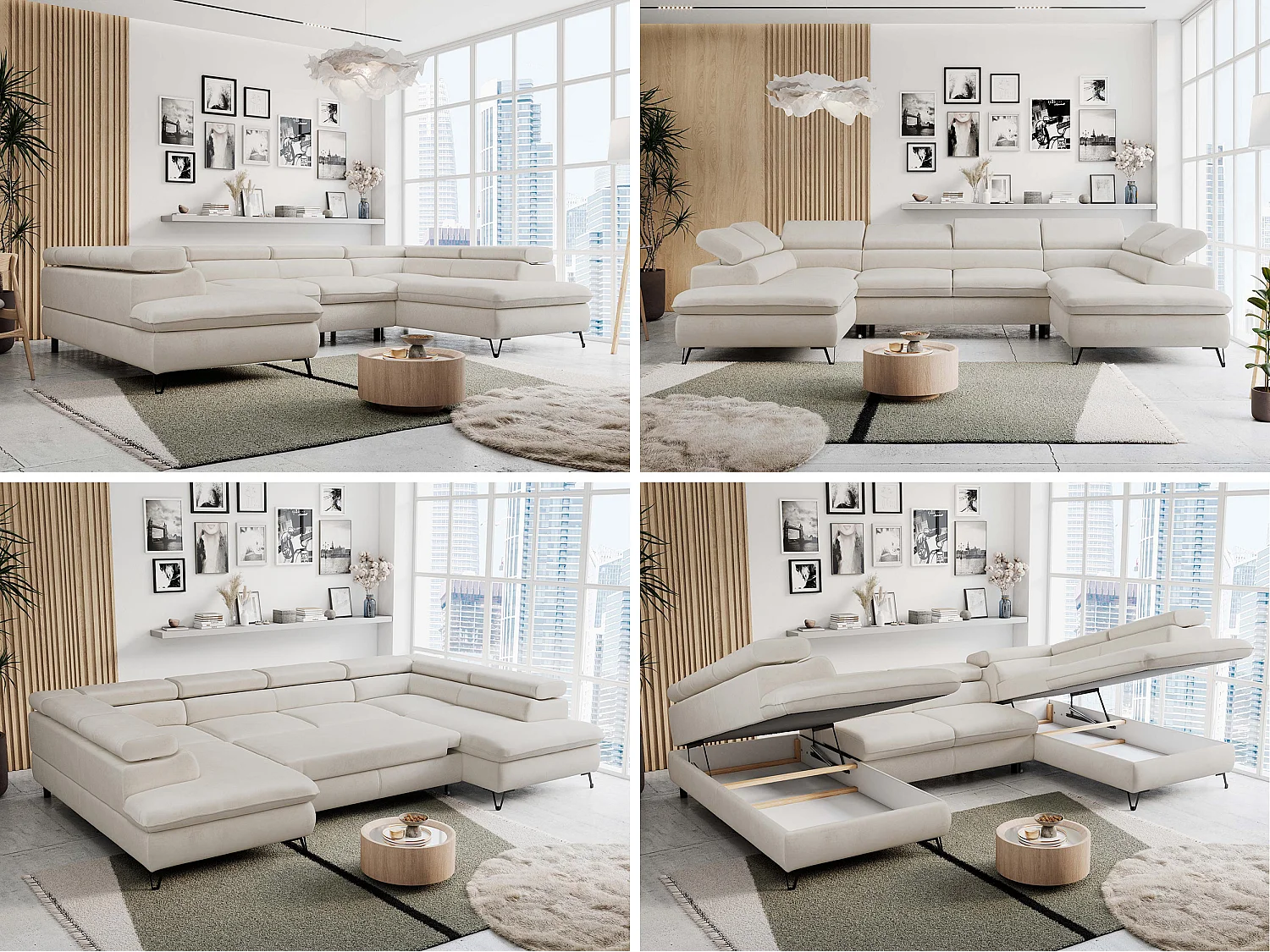 Ecksofa PETER U - schlaffunktion und Bettkästen, verstellbare Kopfstützen - Creme Velvet