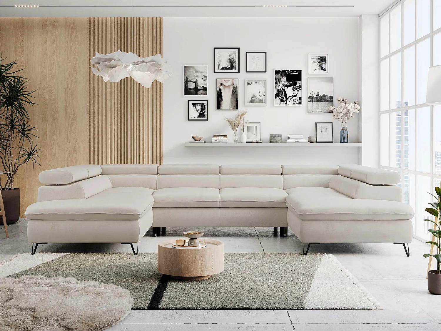 Ecksofa PETER U - schlaffunktion und Bettkästen, verstellbare Kopfstützen - Creme Velvet