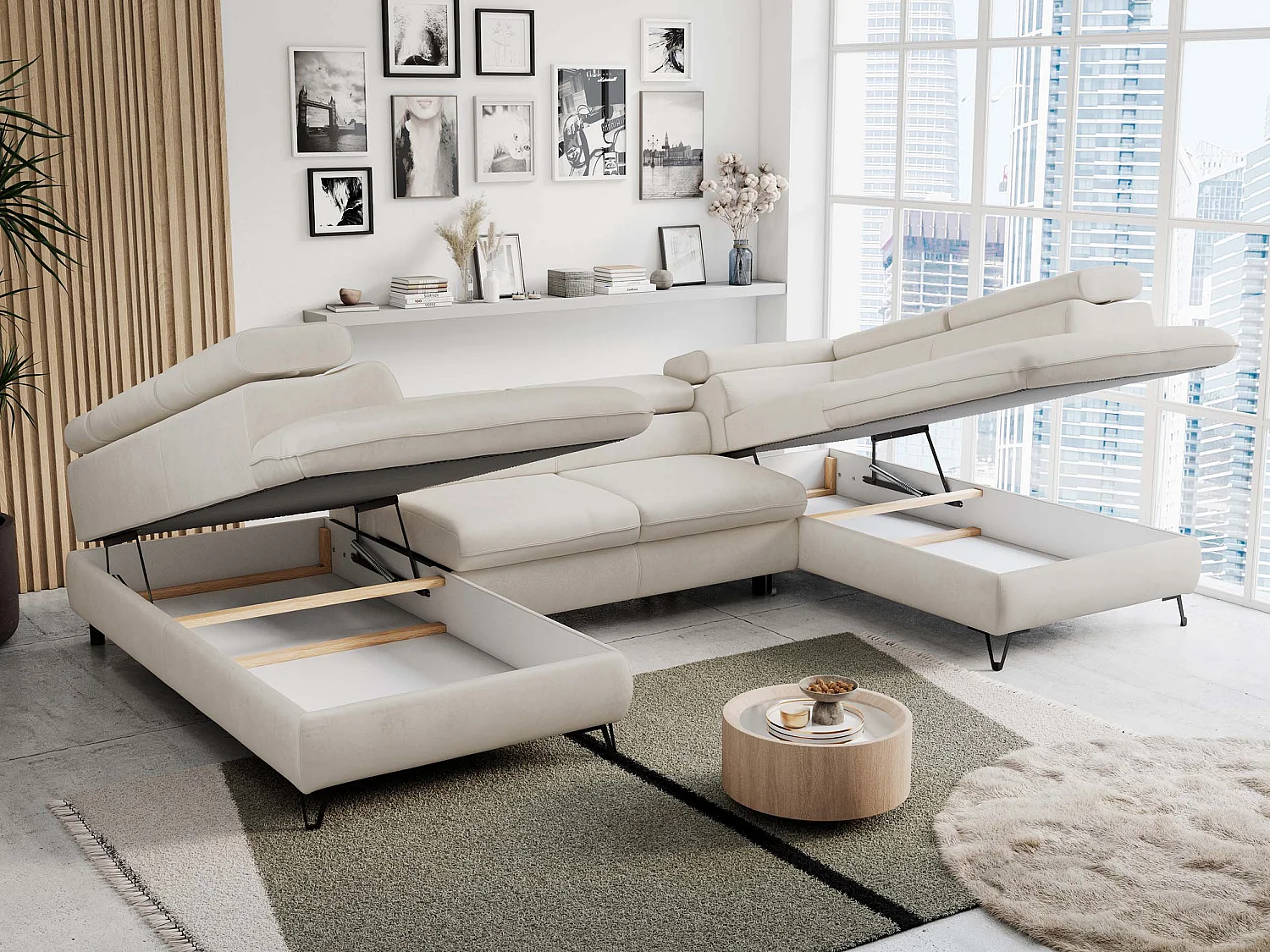 Ecksofa PETER U - schlaffunktion und Bettkästen, verstellbare Kopfstützen - Creme Velvet