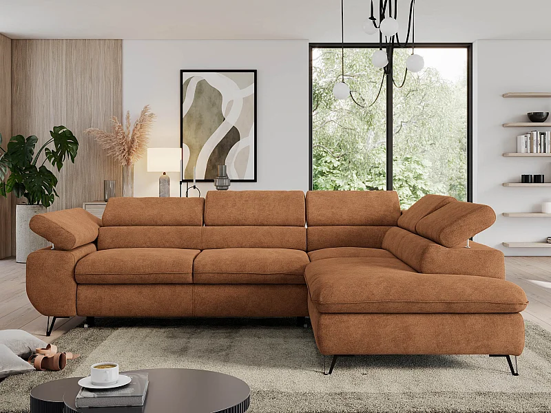 Ecksofa PEDRO - L-Form mit Schlaffunktion 200x125 cm, verstellbaren Kopfstützen - Orange Stukture - Ecke Rechts