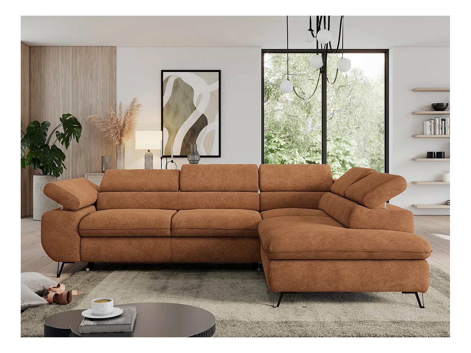 Ecksofa PEDRO - L-Form mit Schlaffunktion 200x125 cm, verstellbaren Kopfstützen - Orange Stukture - Ecke Rechts