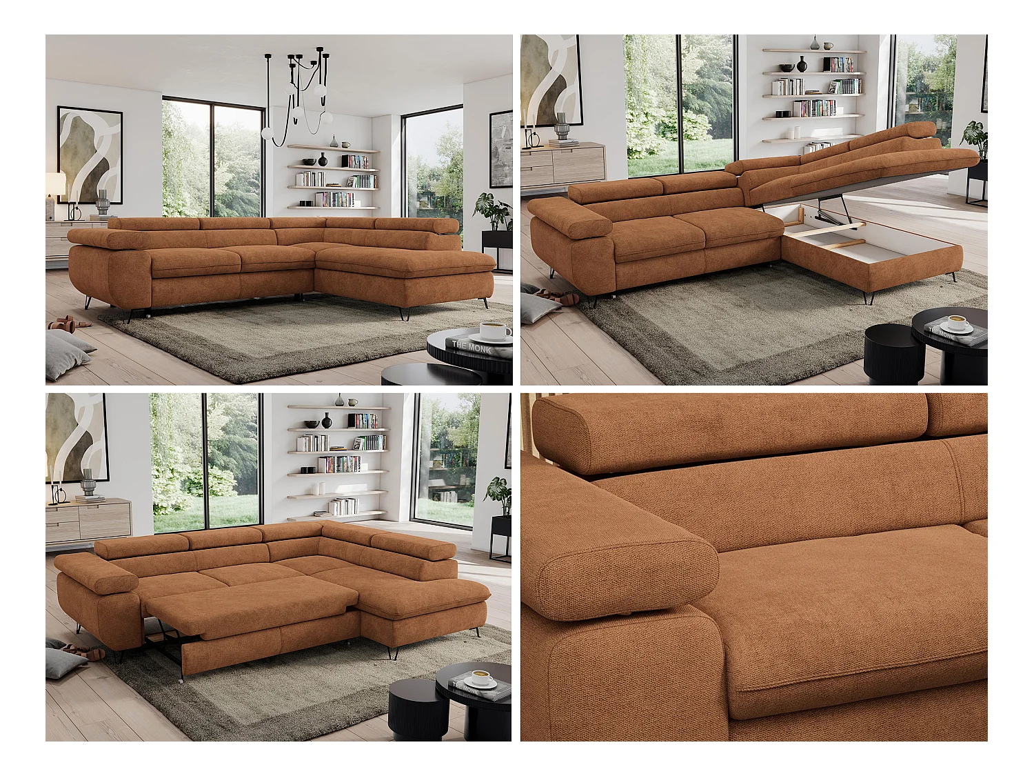 Ecksofa PEDRO - L-Form mit Schlaffunktion 200x125 cm, verstellbaren Kopfstützen - Orange Stukture - Ecke Rechts
