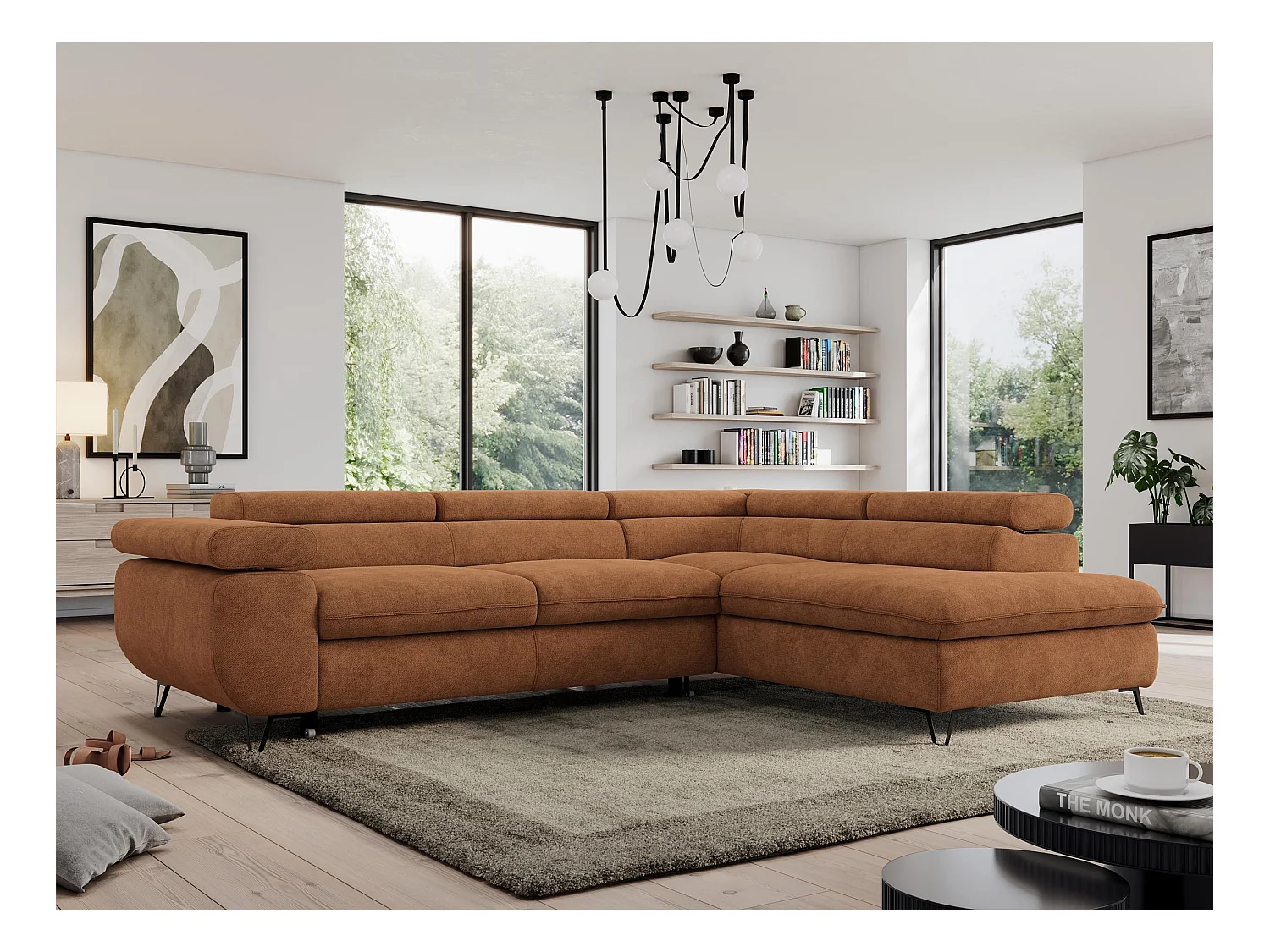 Ecksofa PEDRO - L-Form mit Schlaffunktion 200x125 cm, verstellbaren Kopfstützen - Orange Stukture - Ecke Rechts