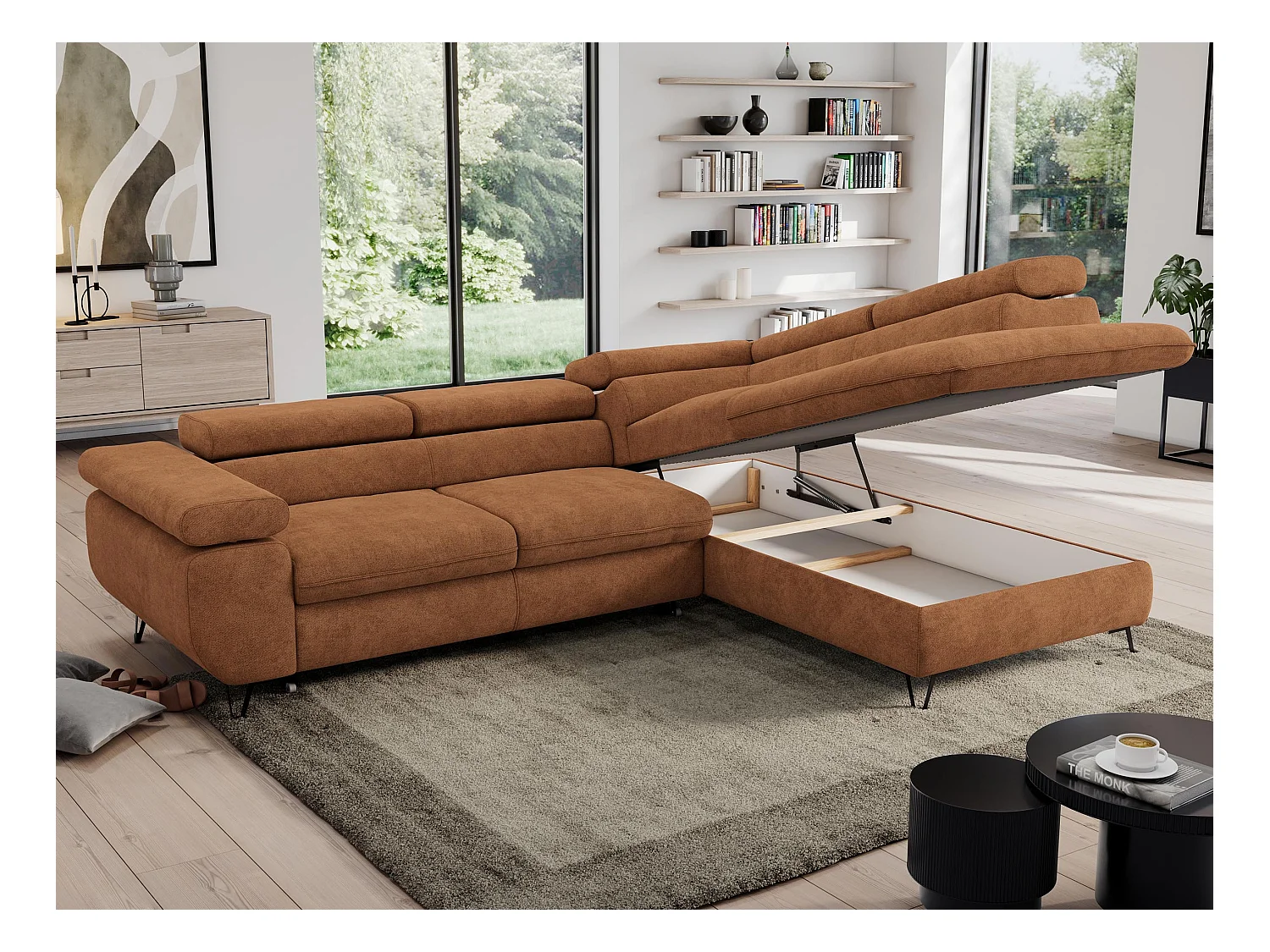 Ecksofa PEDRO - L-Form mit Schlaffunktion 200x125 cm, verstellbaren Kopfstützen - Orange Stukture - Ecke Rechts