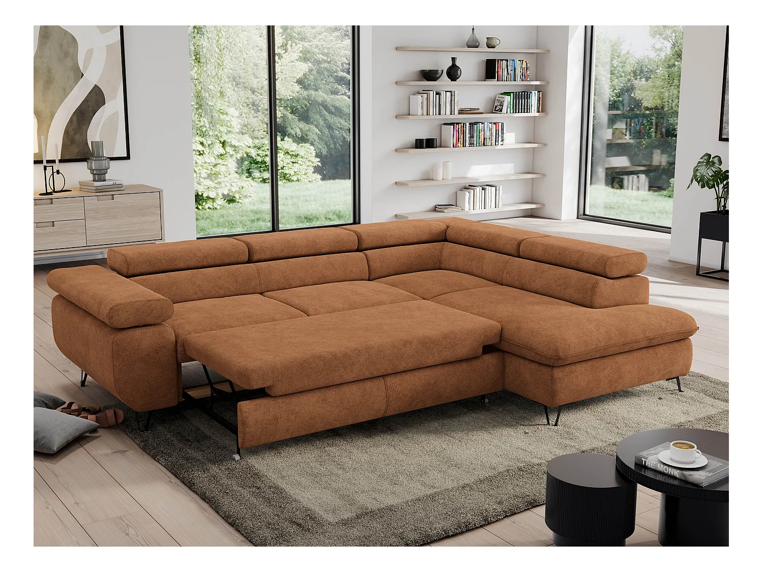 Ecksofa PEDRO - L-Form mit Schlaffunktion 200x125 cm, verstellbaren Kopfstützen - Orange Stukture - Ecke Rechts