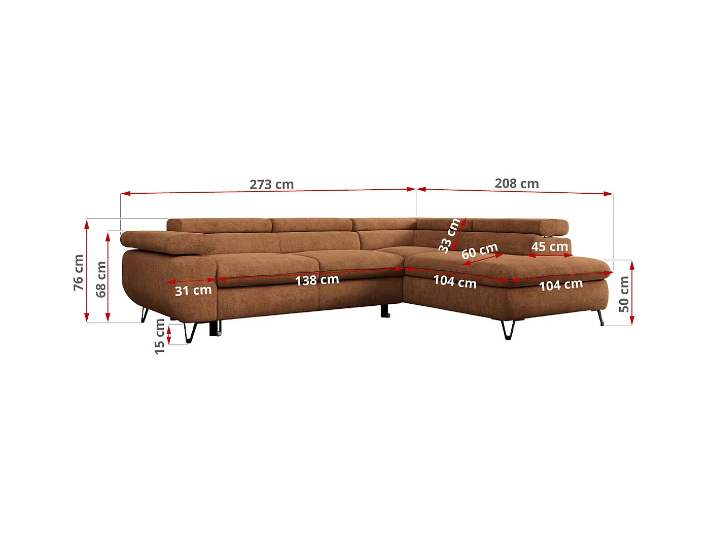 Ecksofa PEDRO - L-Form mit Schlaffunktion 200x125 cm, verstellbaren Kopfstützen - Orange Stukture - Ecke Rechts