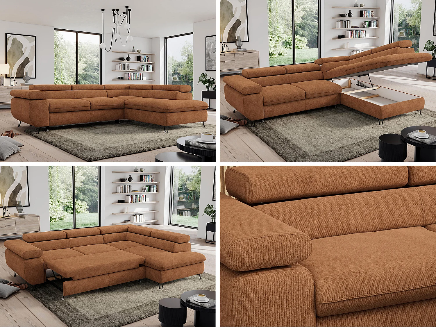 Ecksofa PEDRO - L-Form mit Schlaffunktion 200x125 cm, verstellbaren Kopfstützen - Orange Stukture - Ecke Rechts