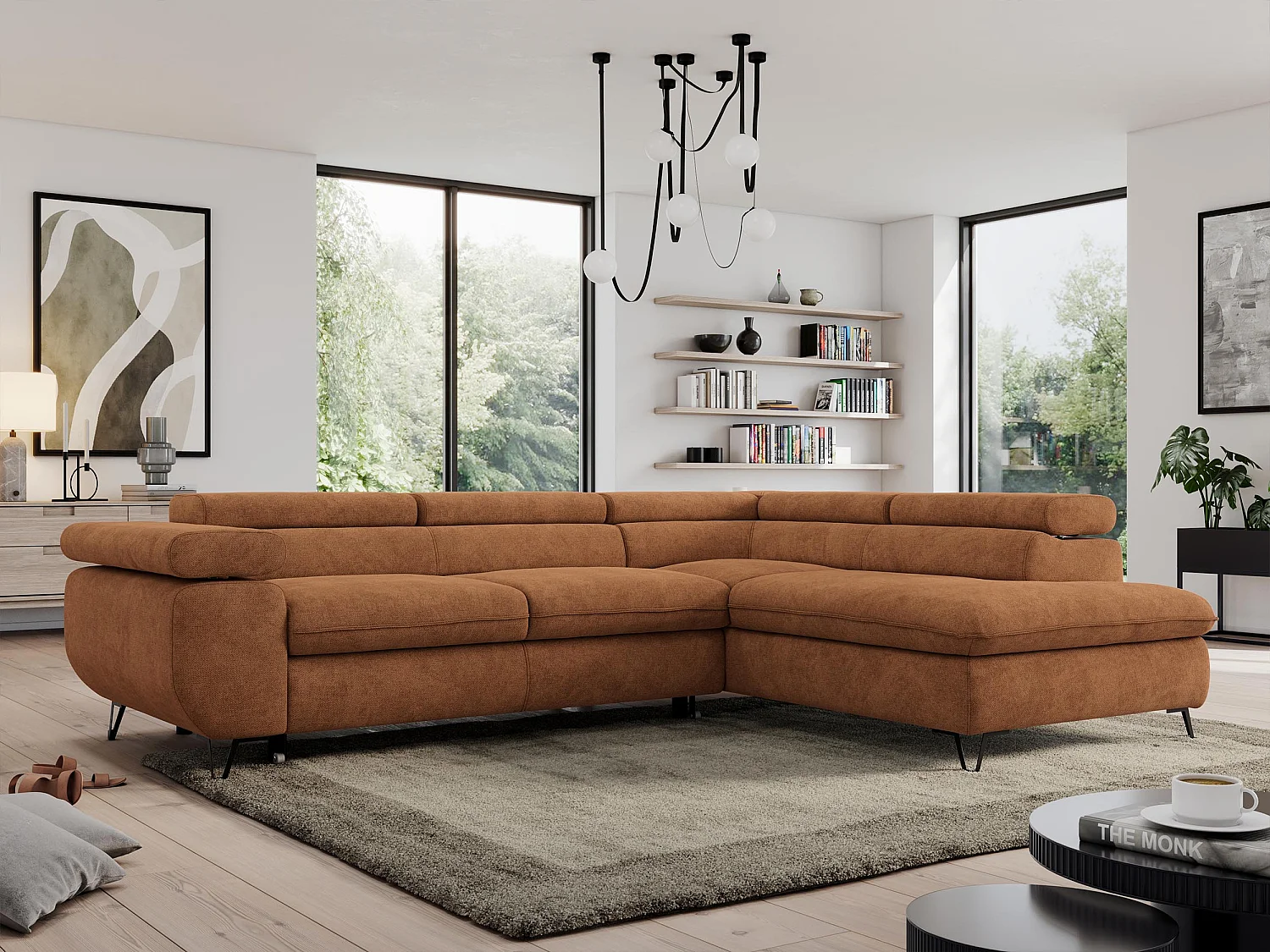 Ecksofa PEDRO - L-Form mit Schlaffunktion 200x125 cm, verstellbaren Kopfstützen - Orange Stukture - Ecke Rechts
