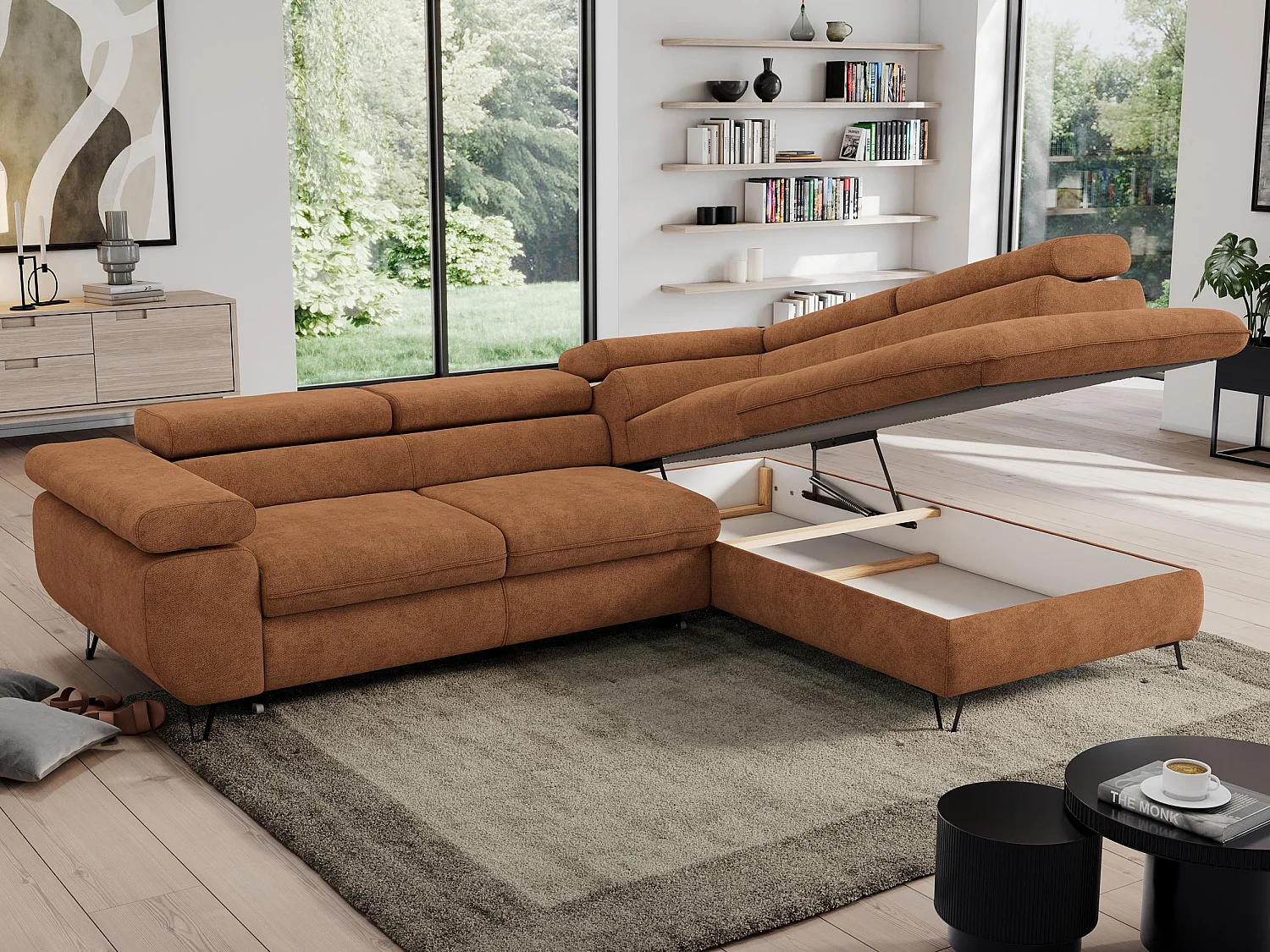 Ecksofa PEDRO - L-Form mit Schlaffunktion 200x125 cm, verstellbaren Kopfstützen - Orange Stukture - Ecke Rechts