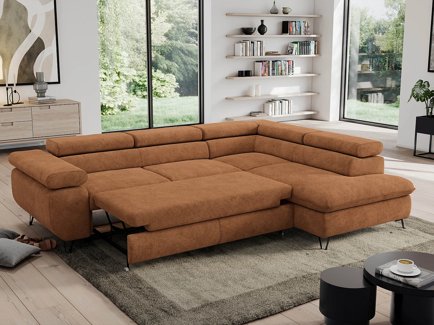Ecksofa PEDRO - L-Form mit Schlaffunktion 200x125 cm, verstellbaren Kopfstützen - Orange Stukture - Ecke Rechts