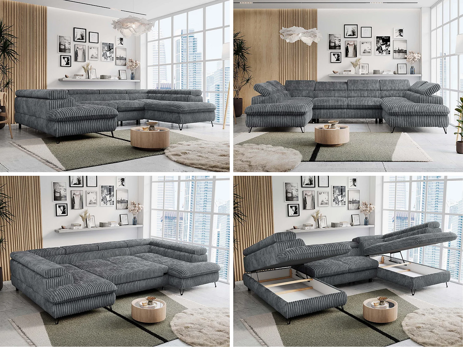 Ecksofa PETER U - schlaffunktion und Bettkästen, verstellbare Kopfstützen - Dunkelgrau Cord