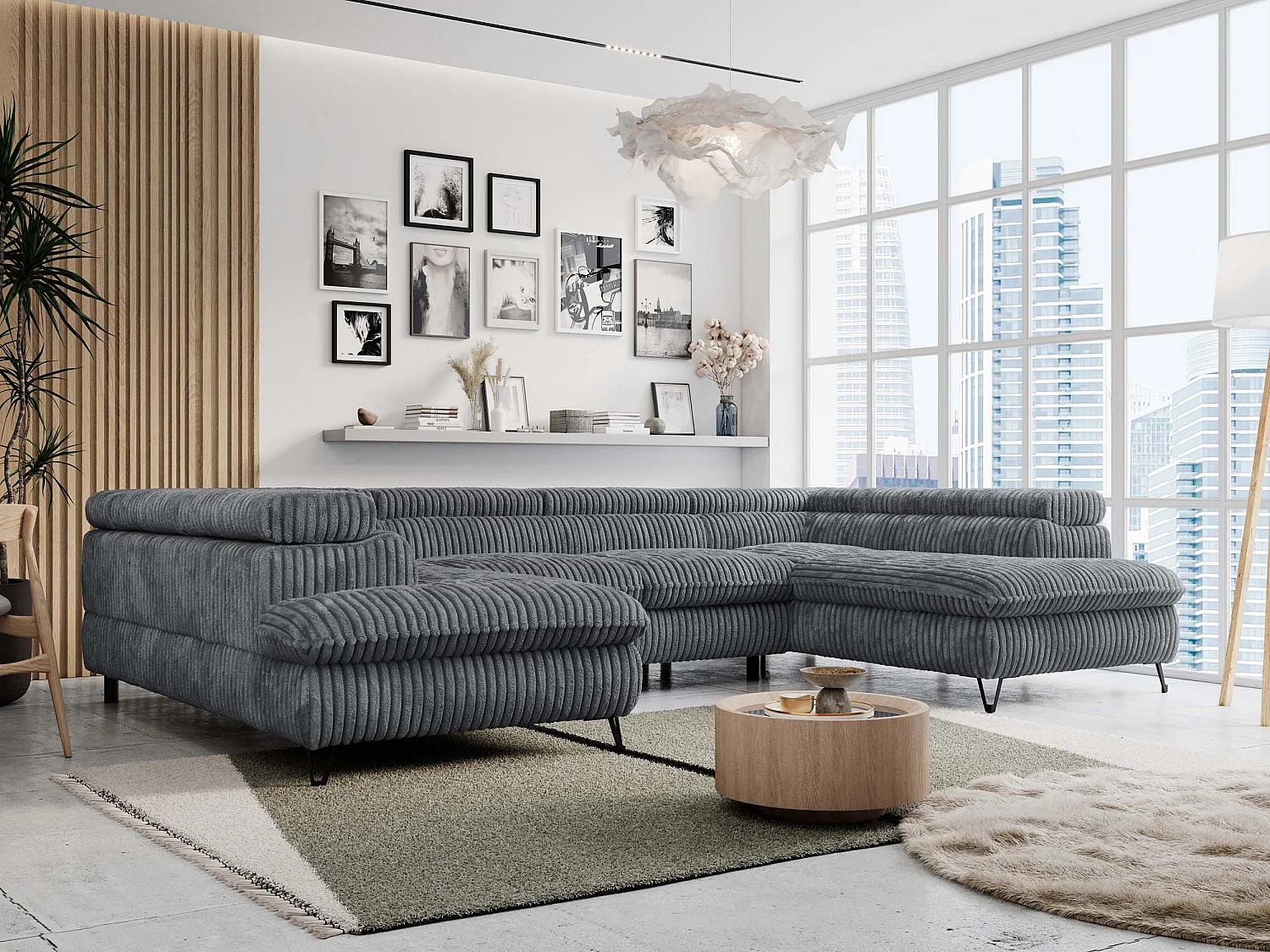 Ecksofa PETER U - schlaffunktion und Bettkästen, verstellbare Kopfstützen - Dunkelgrau Cord