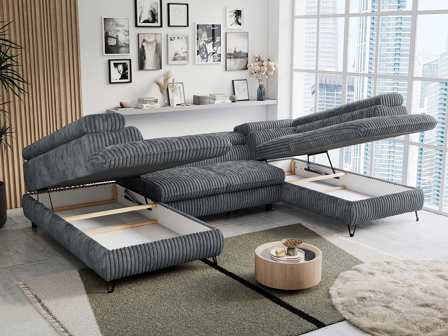 Ecksofa PETER U - schlaffunktion und Bettkästen, verstellbare Kopfstützen - Dunkelgrau Cord