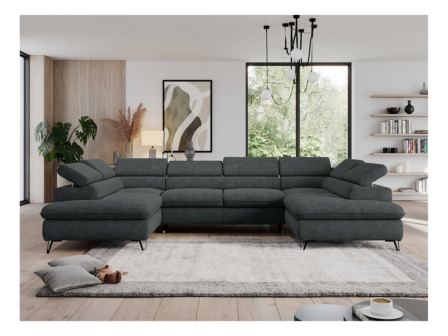 Ecksofa PEDRO U - XXL U-förmige Ecke, schlaffunktion und Bettkästen - Dunkelgrau Stukture