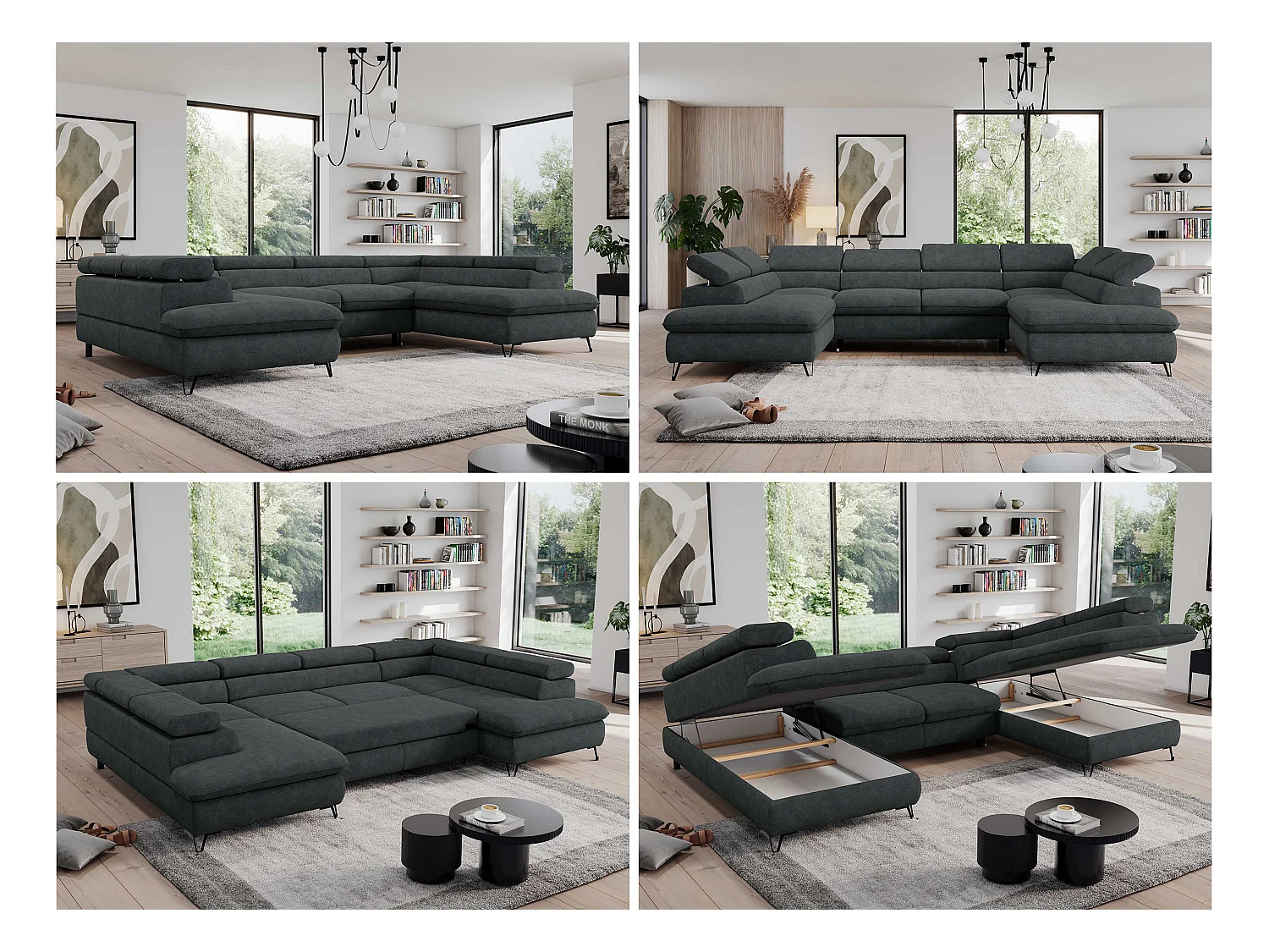 Ecksofa PEDRO U - XXL U-förmige Ecke, schlaffunktion und Bettkästen - Dunkelgrau Stukture