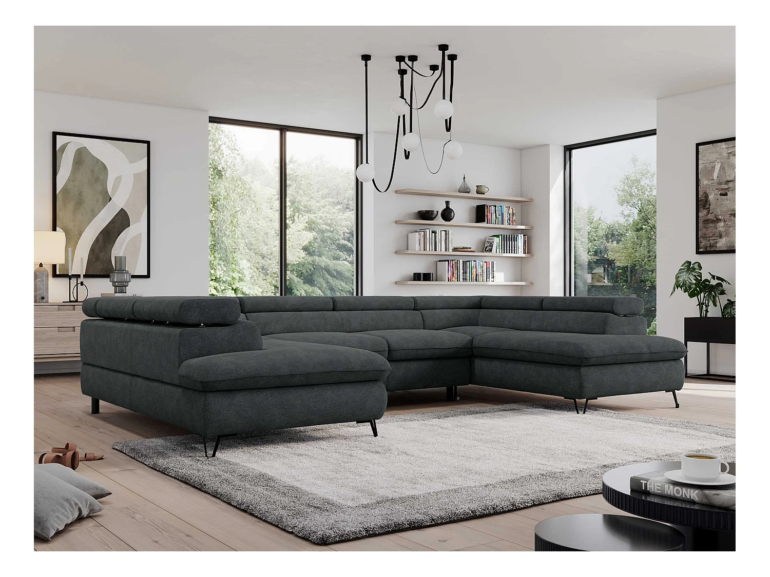 Ecksofa PEDRO U - XXL U-förmige Ecke, schlaffunktion und Bettkästen - Dunkelgrau Stukture