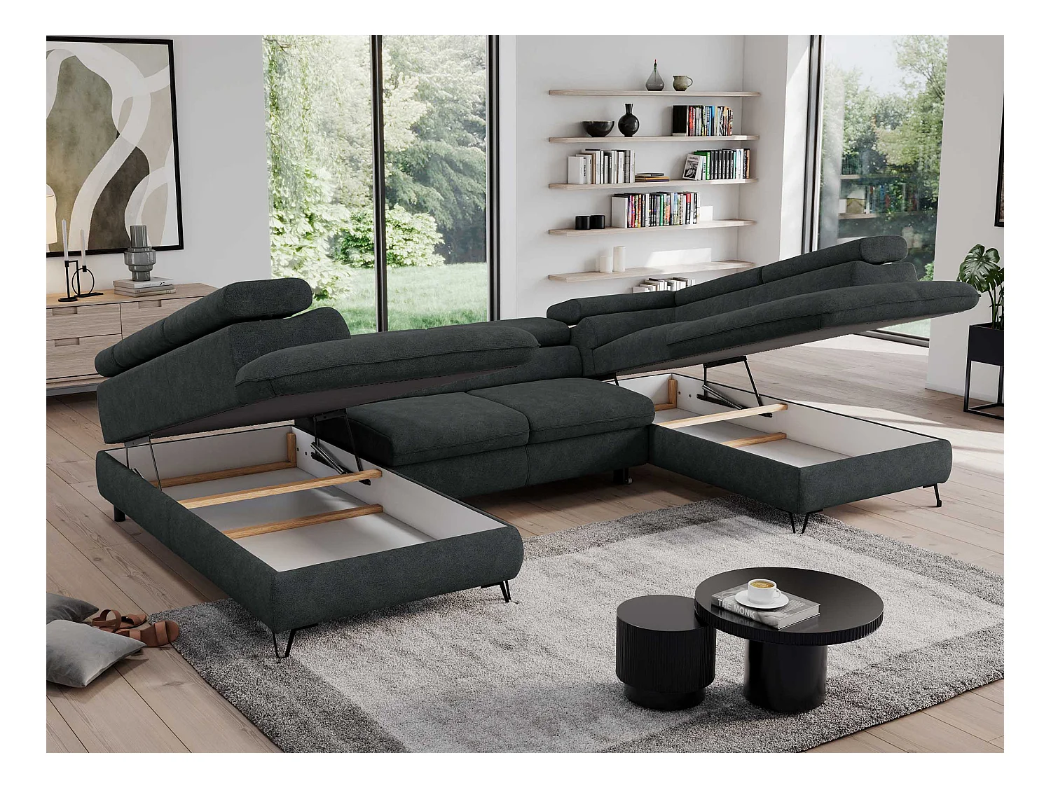 Ecksofa PEDRO U - XXL U-förmige Ecke, schlaffunktion und Bettkästen - Dunkelgrau Stukture