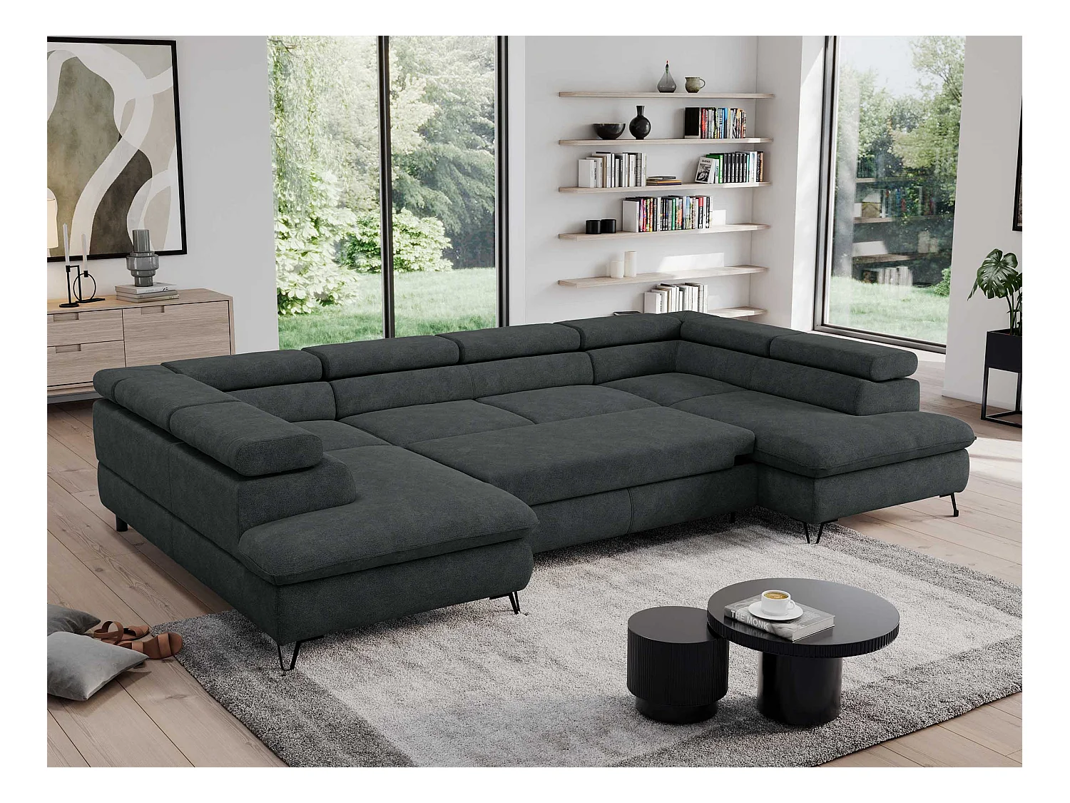 Ecksofa PEDRO U - XXL U-förmige Ecke, schlaffunktion und Bettkästen - Dunkelgrau Stukture