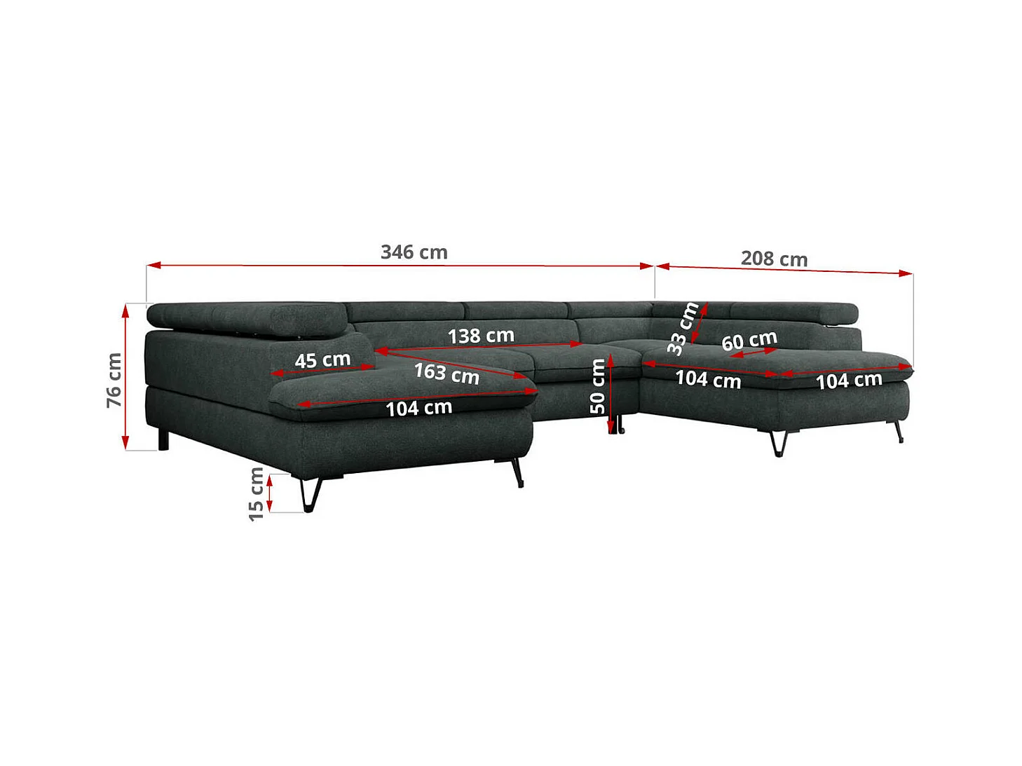 Ecksofa PEDRO U - XXL U-förmige Ecke, schlaffunktion und Bettkästen - Dunkelgrau Stukture