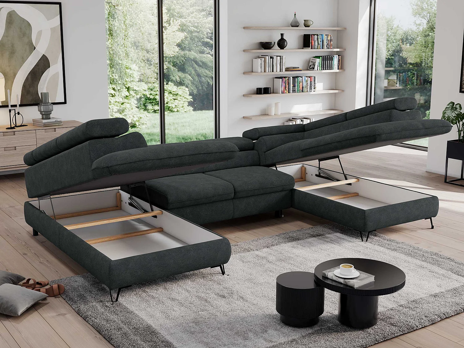 Ecksofa PEDRO U - XXL U-förmige Ecke, schlaffunktion und Bettkästen - Dunkelgrau Stukture