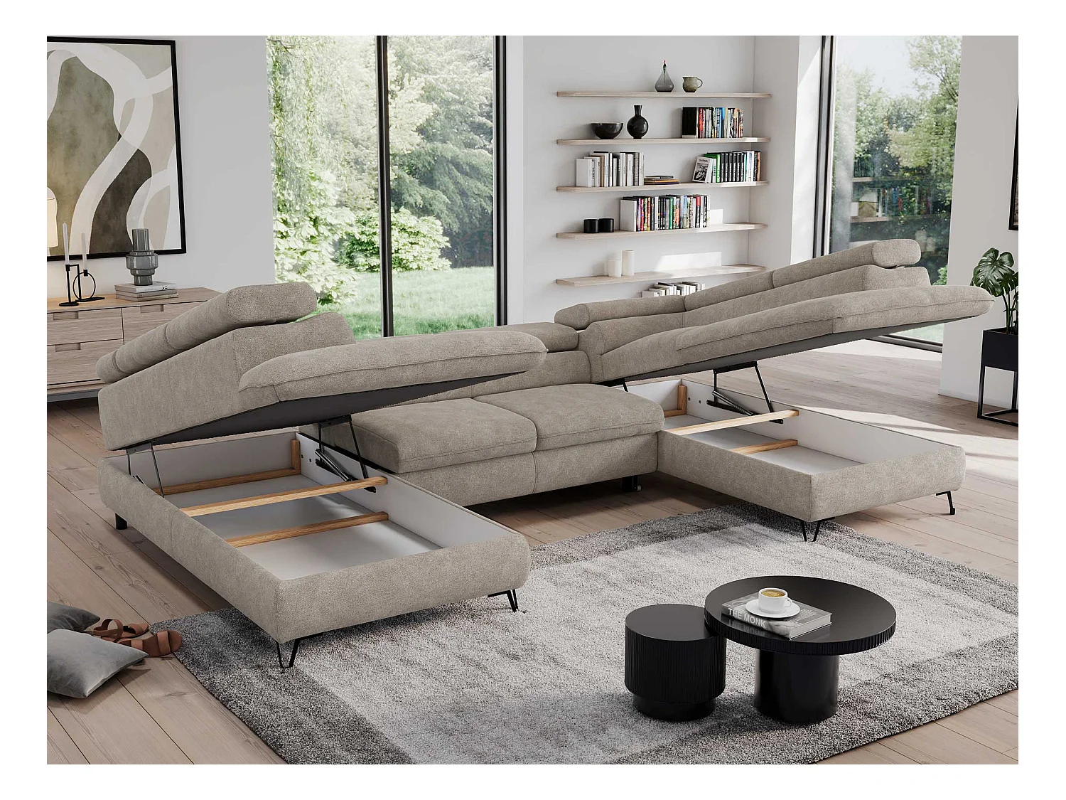 Ecksofa PEDRO U - XXL U-förmige Ecke, schlaffunktion und Bettkästen - Beige Stukture