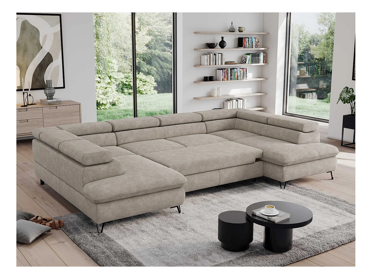 Ecksofa PEDRO U - XXL U-förmige Ecke, schlaffunktion und Bettkästen - Beige Stukture