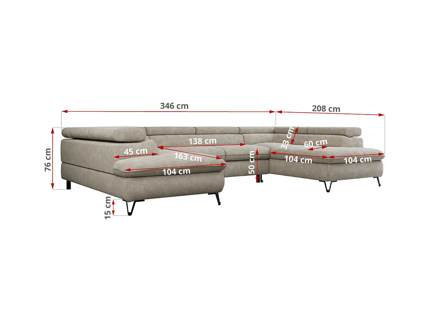 Ecksofa PEDRO U - XXL U-förmige Ecke, schlaffunktion und Bettkästen - Beige Stukture