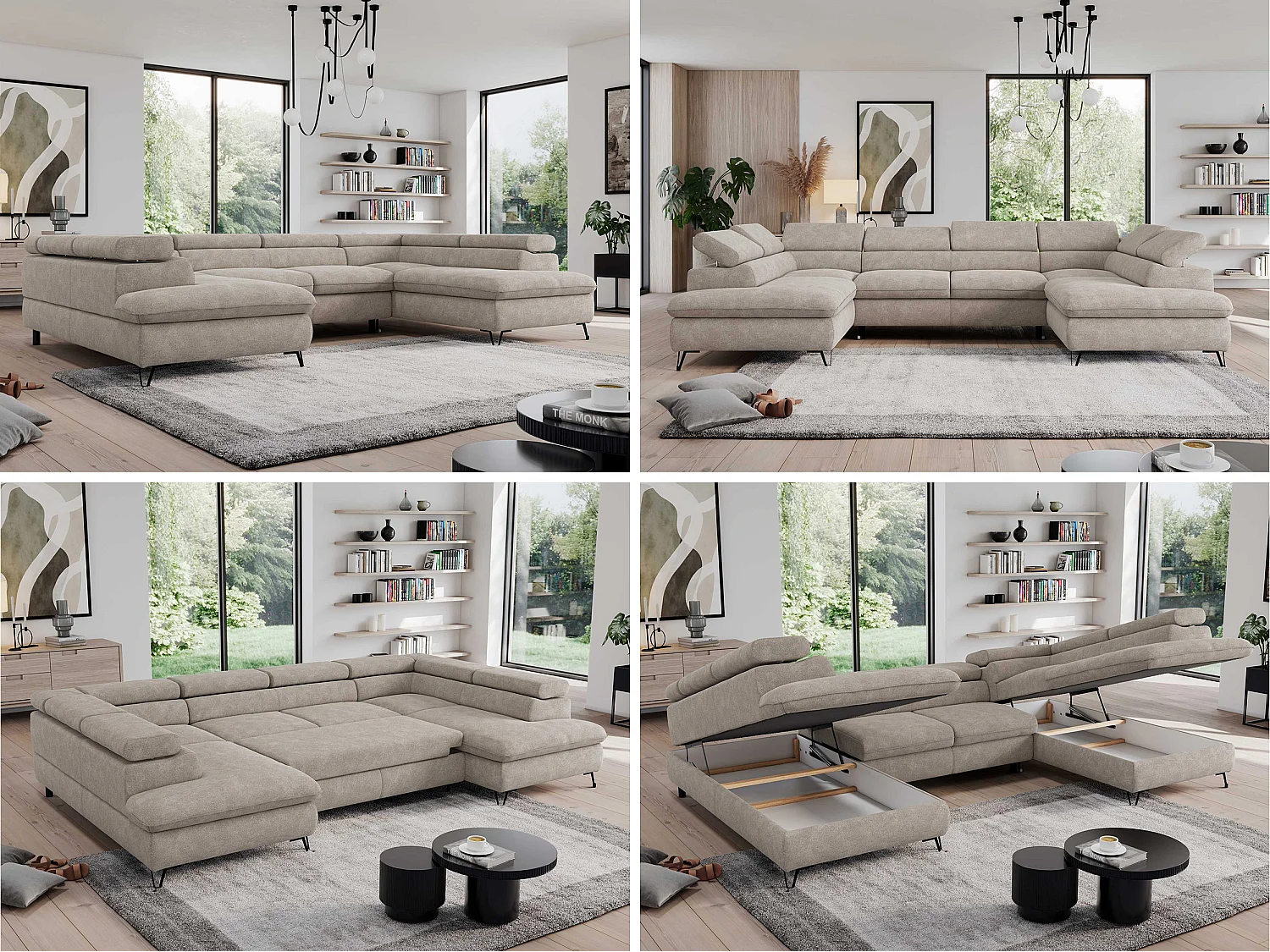 Ecksofa PEDRO U - XXL U-förmige Ecke, schlaffunktion und Bettkästen - Beige Stukture