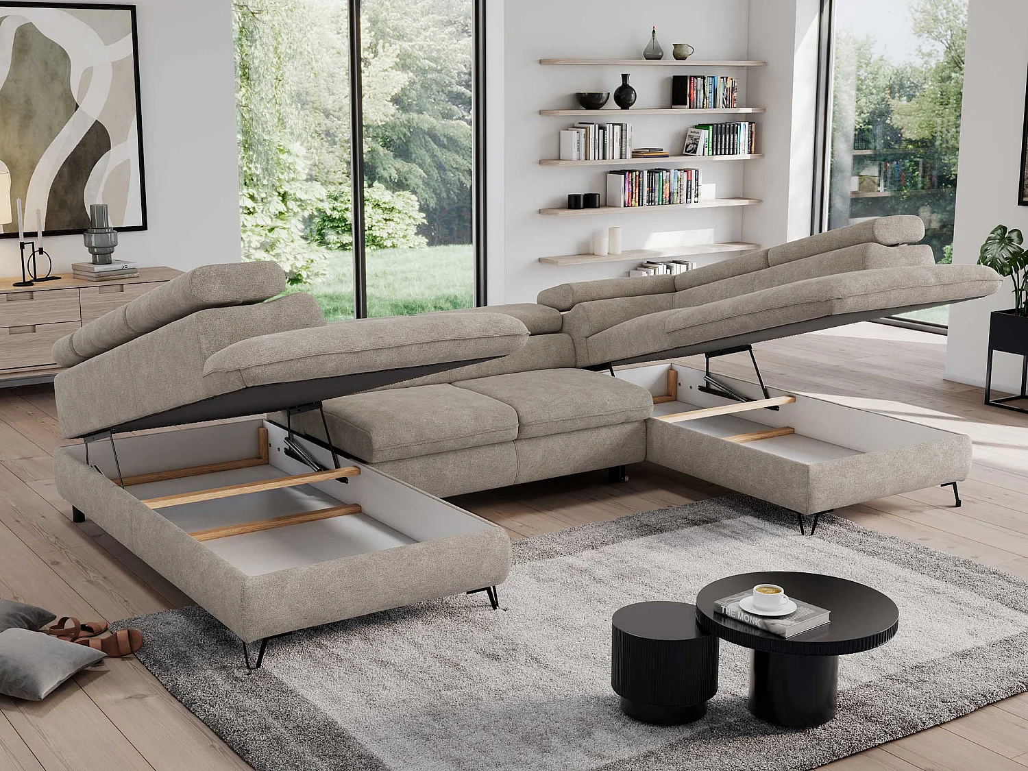 Ecksofa PEDRO U - XXL U-förmige Ecke, schlaffunktion und Bettkästen - Beige Stukture