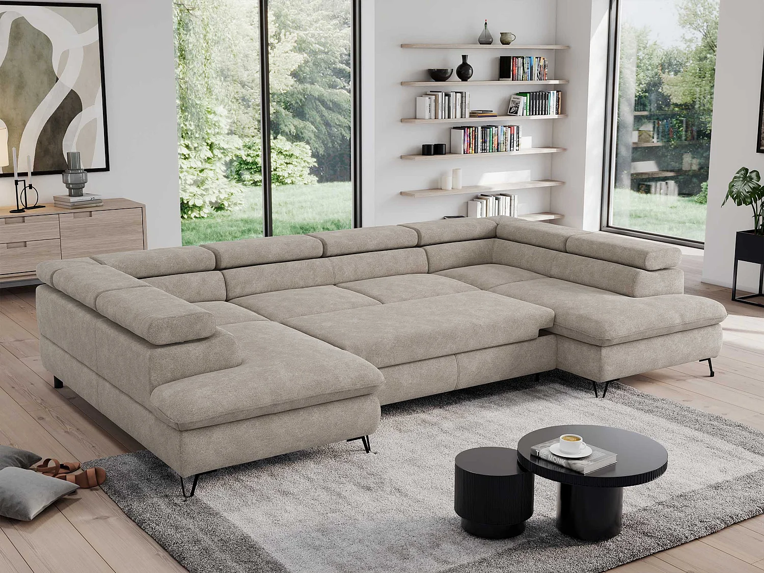 Ecksofa PEDRO U - XXL U-förmige Ecke, schlaffunktion und Bettkästen - Beige Stukture