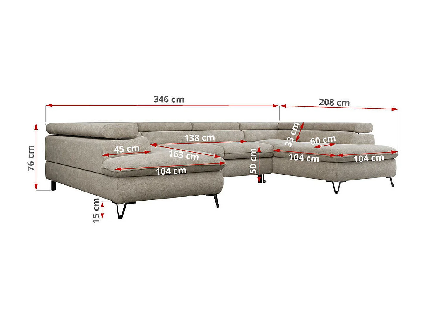Ecksofa PEDRO U - XXL U-förmige Ecke, schlaffunktion und Bettkästen - Beige Stukture