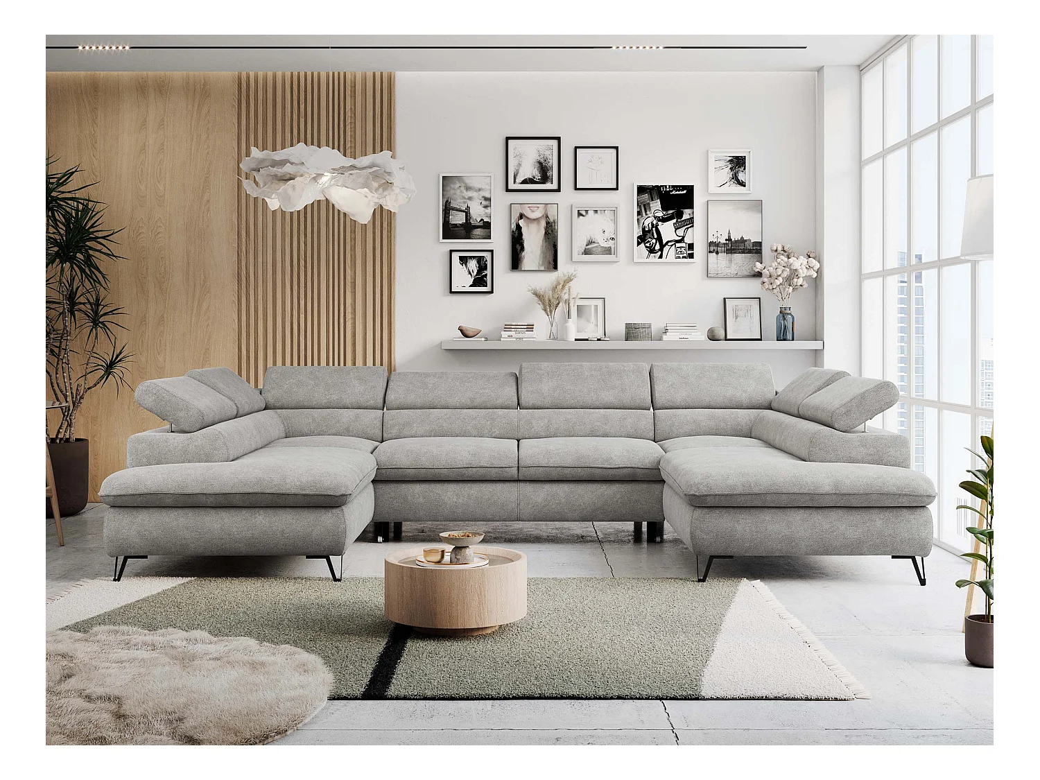 Ecksofa PETER U - schlaffunktion und Bettkästen, verstellbare Kopfstützen - Hellgrau Stukture