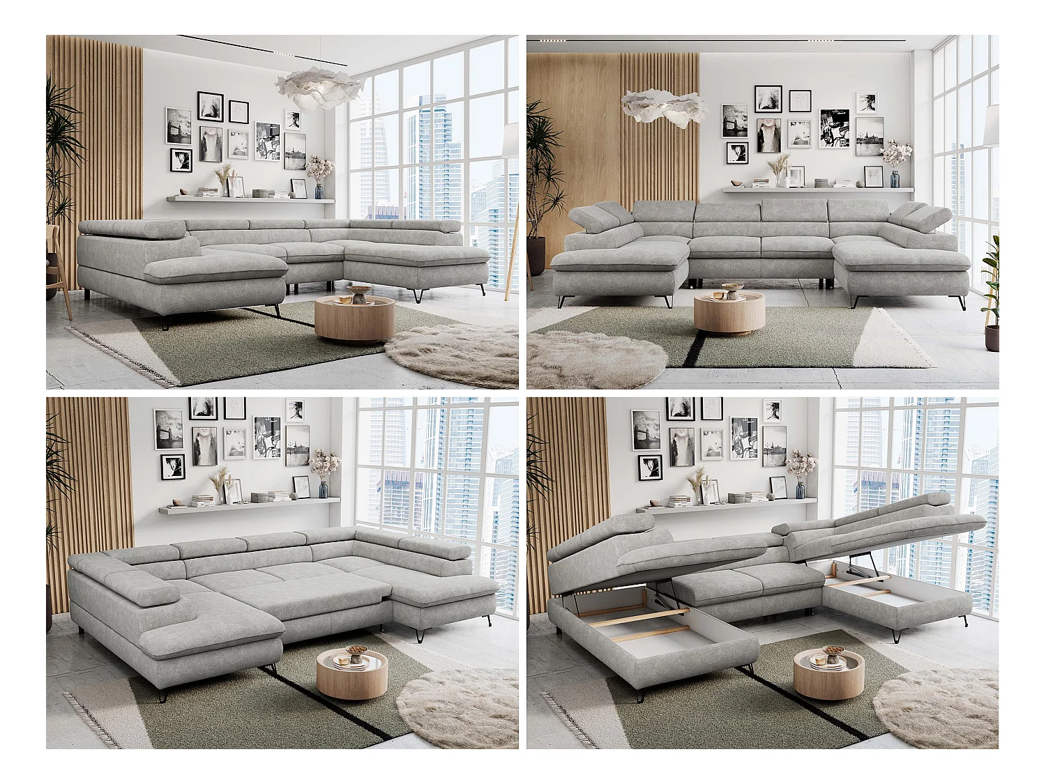 Ecksofa PETER U - schlaffunktion und Bettkästen, verstellbare Kopfstützen - Hellgrau Stukture