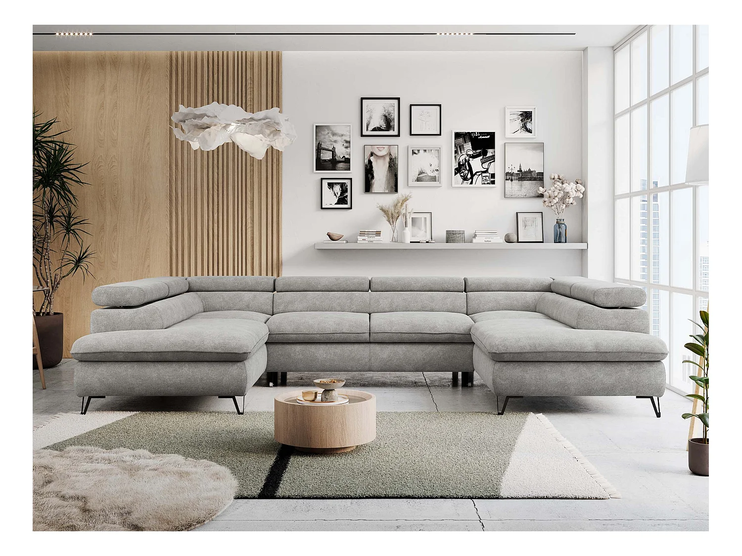 Ecksofa PETER U - schlaffunktion und Bettkästen, verstellbare Kopfstützen - Hellgrau Stukture