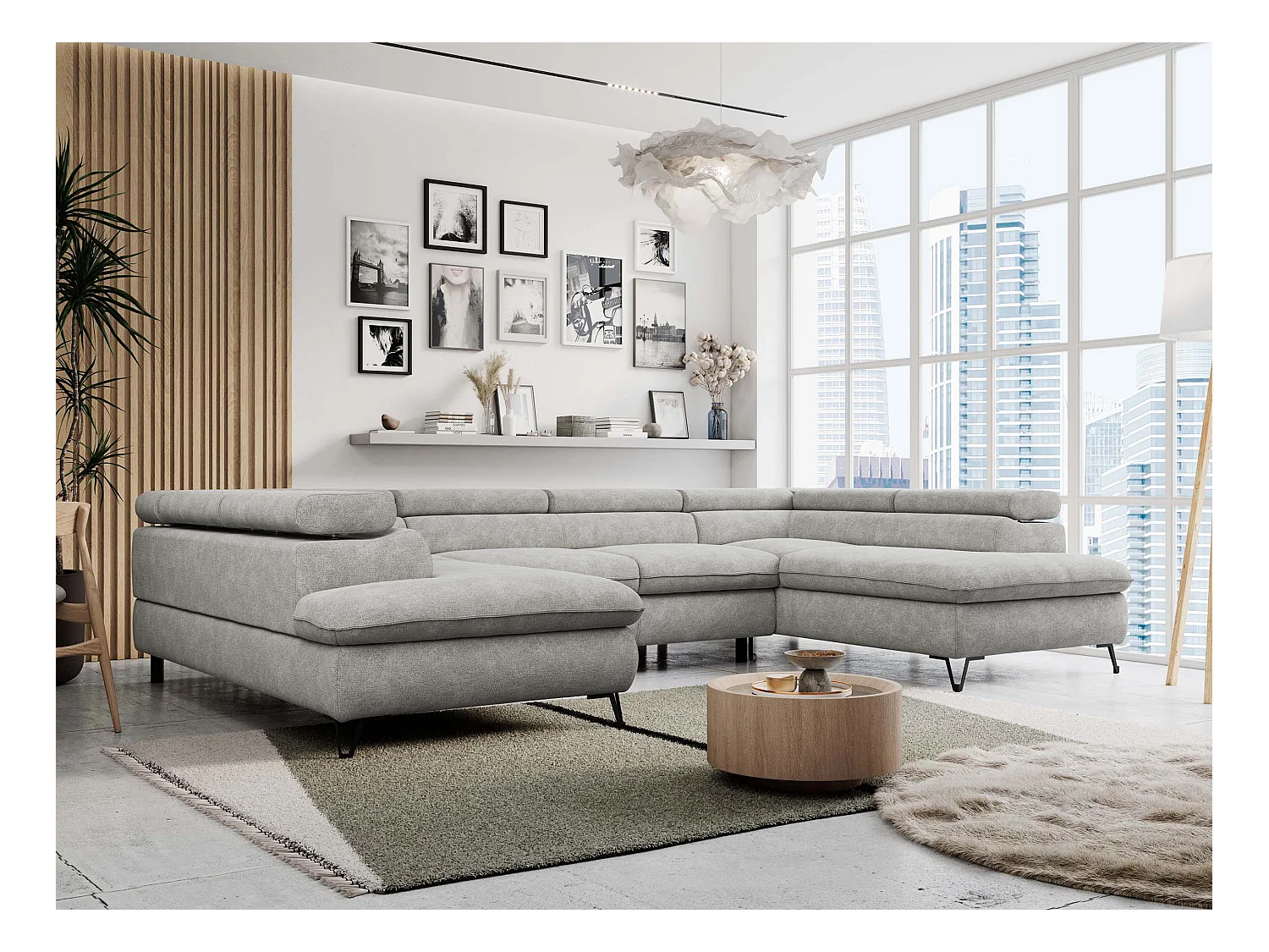 Ecksofa PETER U - schlaffunktion und Bettkästen, verstellbare Kopfstützen - Hellgrau Stukture