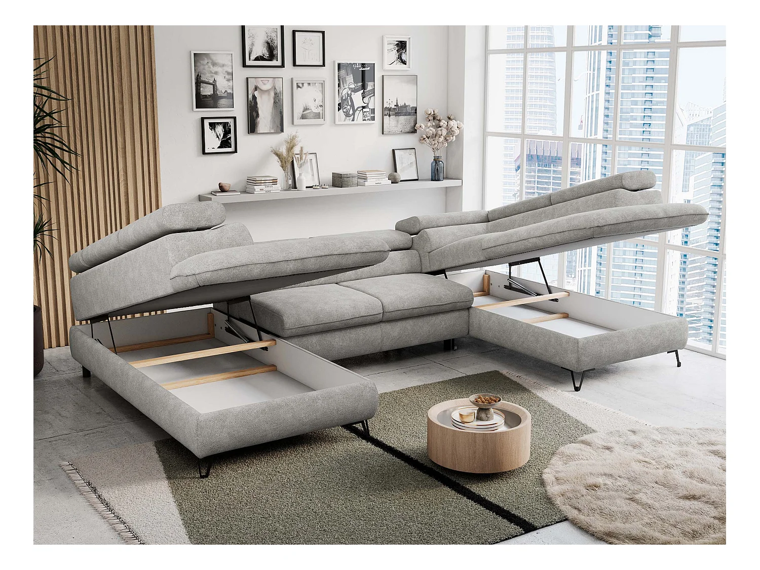 Ecksofa PETER U - schlaffunktion und Bettkästen, verstellbare Kopfstützen - Hellgrau Stukture