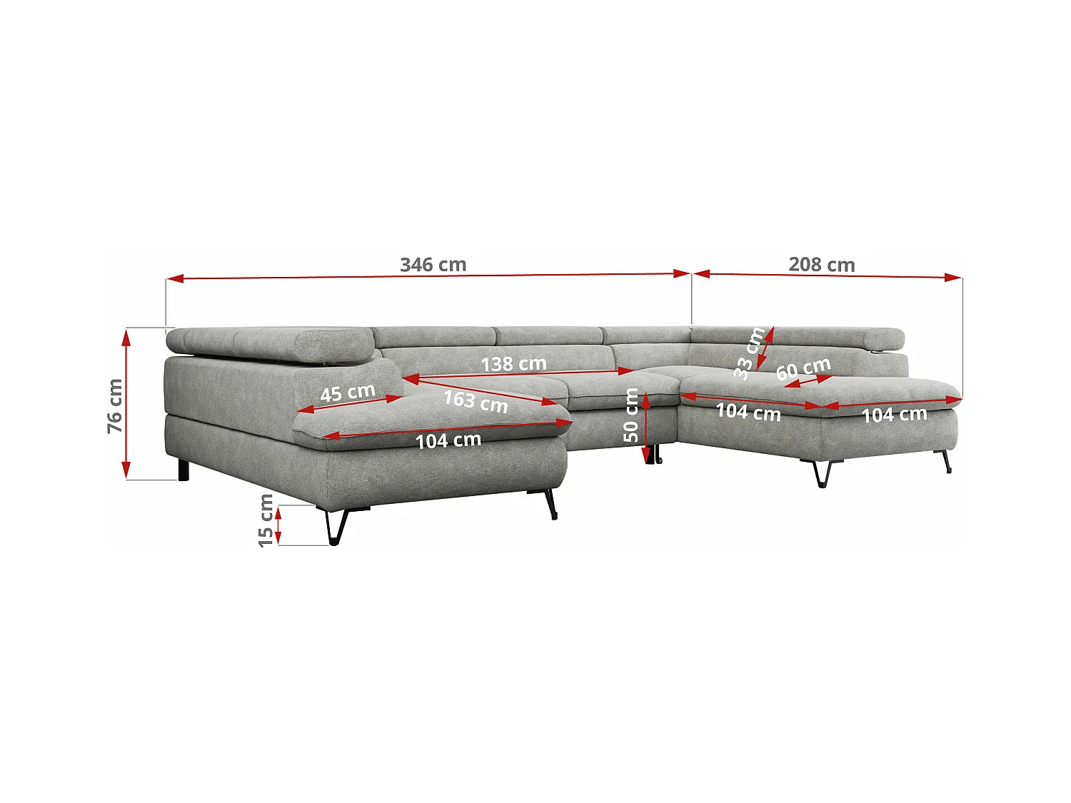 Ecksofa PETER U - schlaffunktion und Bettkästen, verstellbare Kopfstützen - Hellgrau Stukture