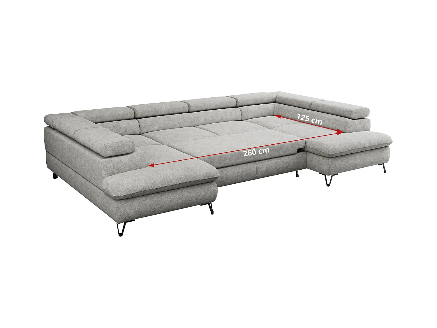 Ecksofa PETER U - schlaffunktion und Bettkästen, verstellbare Kopfstützen - Hellgrau Stukture