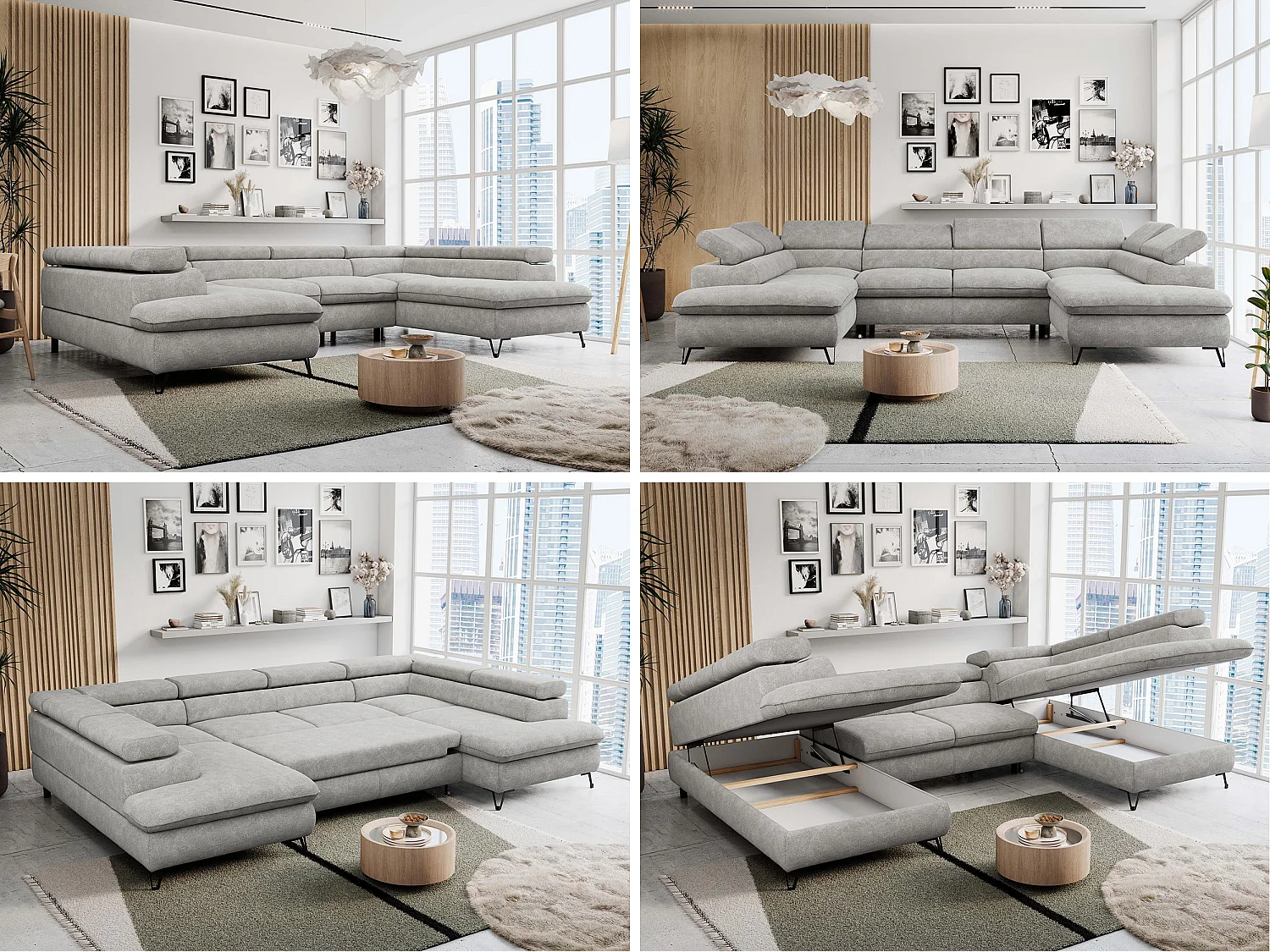 Ecksofa PETER U - schlaffunktion und Bettkästen, verstellbare Kopfstützen - Hellgrau Stukture